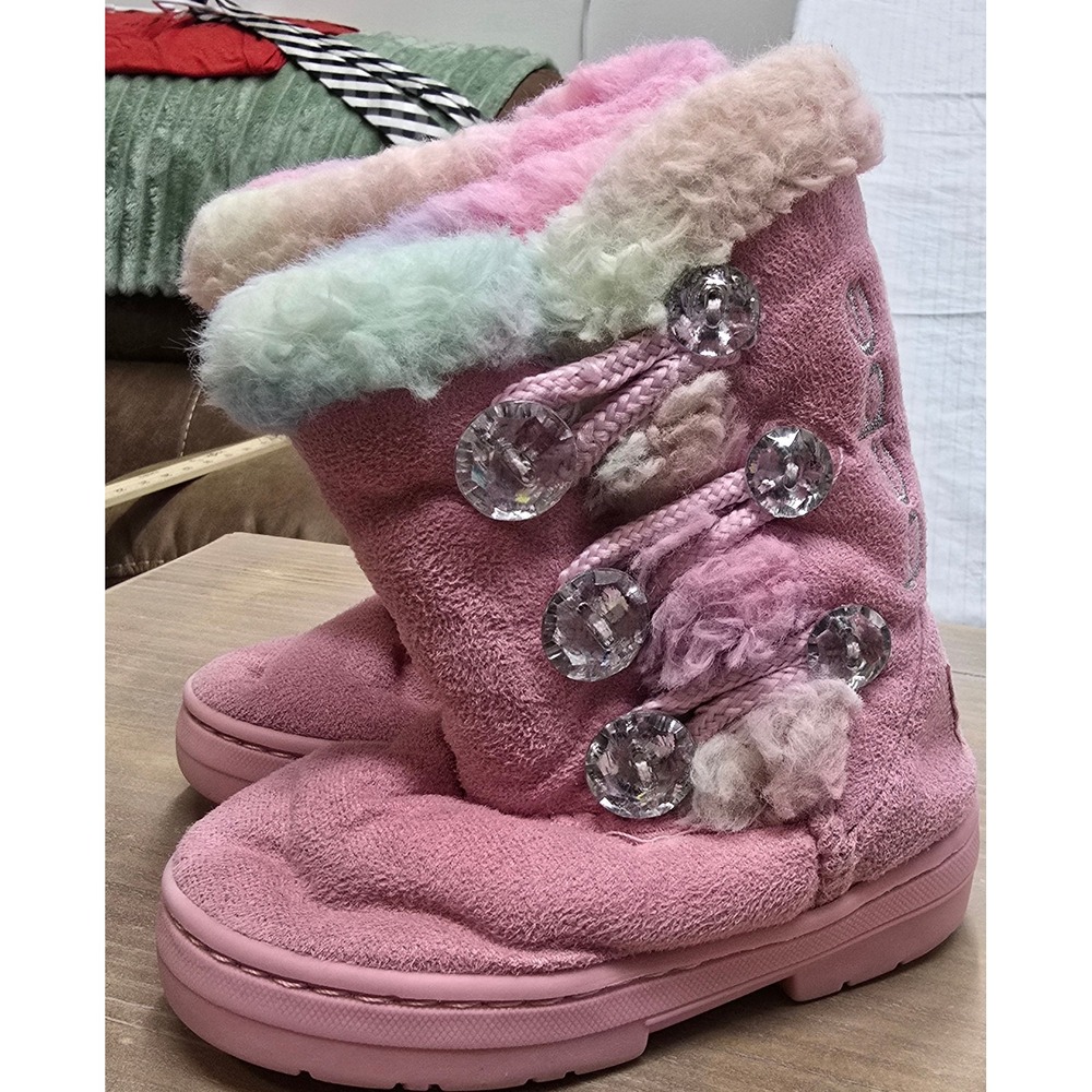 Bebe Girls Pink Faux Suede Winter Boots Faux Fur Trim Buttons Size 6 Toddler